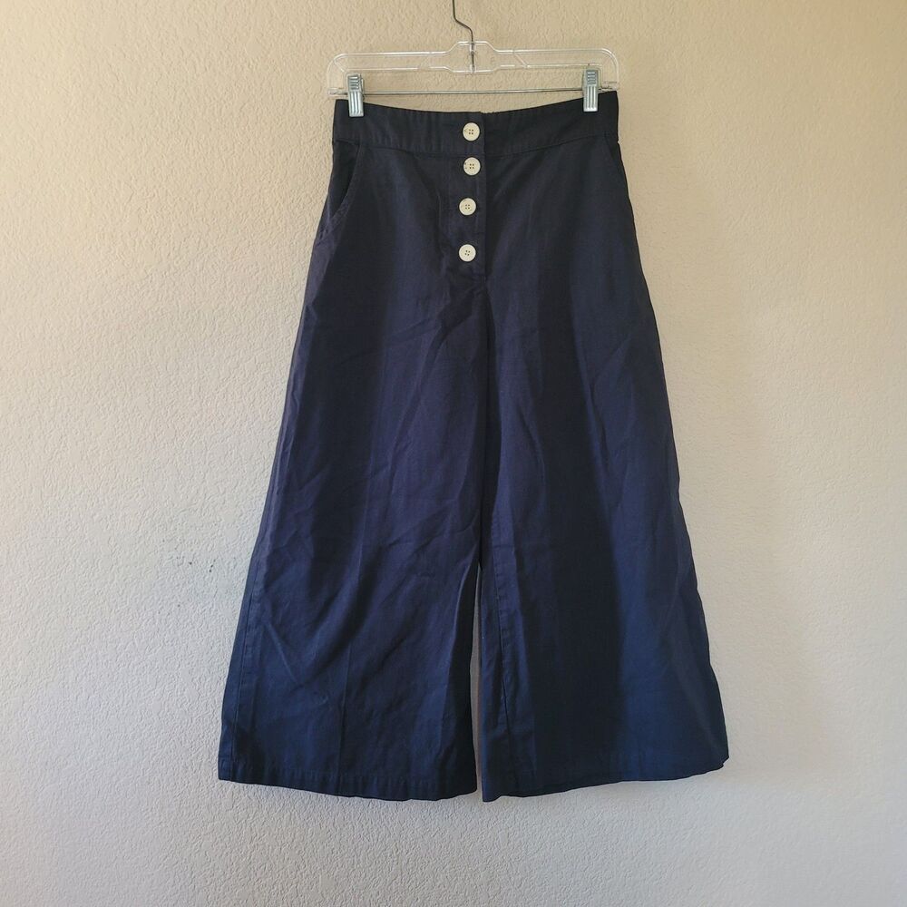 Womens Black High Rise Wide Leg Pants Small Button Fly Cropped Culottes Organic
